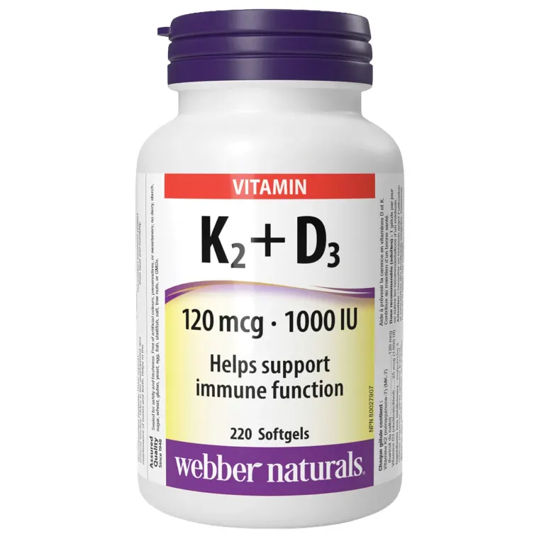 کپسول نرم ویتامین K2+D3 وبر نچرالز 120 میکروگرم / 1000 واحد بین‌المللی - 220 عددی (webber naturals Vitamin K2+D3 120 mcg / 1000 IU - 220 softgels)