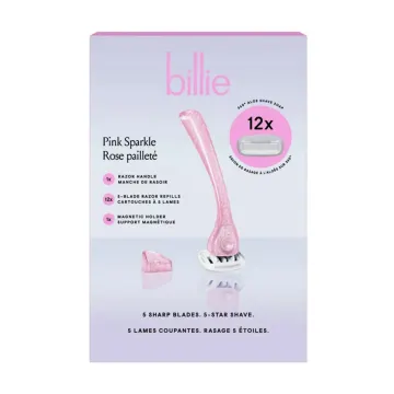 ست اصلاح زنانه بیلی Pink Sparkle | Billie Pink Sparkle Women’s Razor Handle with Magnetic Holder & 12 Five-Blade Cartridges