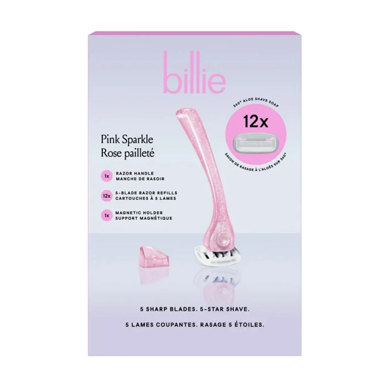ست اصلاح زنانه بیلی Pink Sparkle | Billie Pink Sparkle Women’s Razor Handle with Magnetic Holder & 12 Five-Blade Cartridges