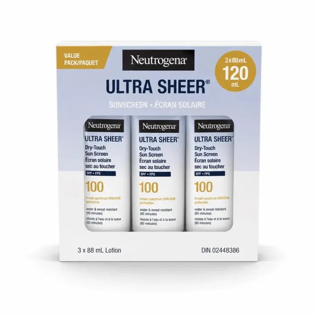 ضدآفتاب نوتروژینا Ultra Sheer Dry-Touch SPF 100 | بافت سبک، نامرئی و غیرچرب، پک ۳ عددی ۸۸ میلی‌لیتری Neutrogena Ultra Sheer Dry-Touch Sunscreen SPF 100 – 3 x 88