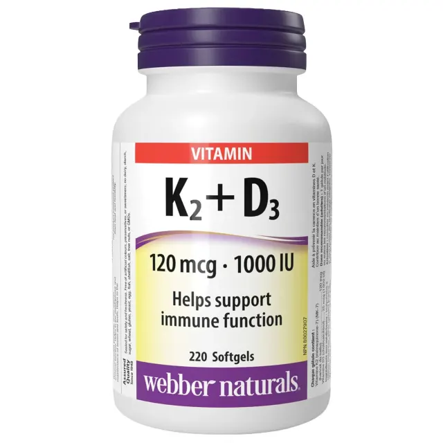 کپسول نرم ویتامین K2+D3 وبر نچرالز 120 میکروگرم / 1000 واحد بین‌المللی - 220 عددی (webber naturals Vitamin K2+D3 120 mcg / 1000 IU - 220 softgels)