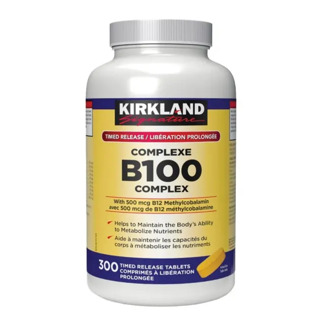 قرص ب کمپلکس B100 کرکلند سیگنچر تایم ریلیز، بسته ۳۰۰ عددی - Kirkland Signature Timed Release B100 Complex with 500 mcg B12 Methylcobalamin – 300 Tablets