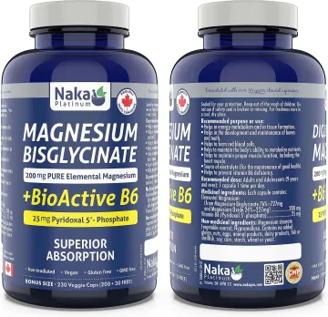 Naka Platinum Magnesium Bisglycinate + BioActive B6 200mg + 25mg, 230 Veggie Caps - مکمل منیزیم بیس‌گلیسینات و ویتامین B6 ناکا پلاتینیوم 200 میلی‌گرم + 25 میلی‌