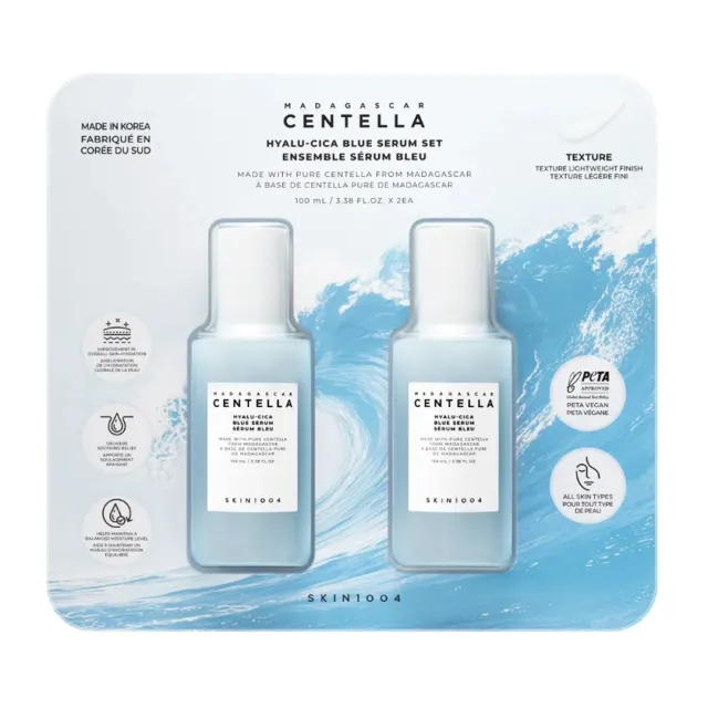 سرم آبرسان اسکین ۱۰۰۴ مدل Madagascar Centella Hyalu-Cica Blue Serum | پک دوتایی ۱۰۰ میلی‌لیتری | SKIN1004 Madagascar Centella Hyalu-Cica Blue Serum Set – 2 x 10