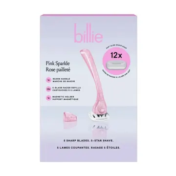 ست اصلاح زنانه بیلی Pink Sparkle | Billie Pink Sparkle Women’s Razor Handle with Magnetic Holder & 12 Five-Blade Cartridges