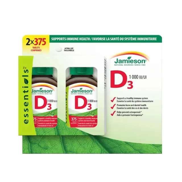 قرص ویتامین D3 جیمیسون ۱۰۰۰ IU بسته دوتایی ۷۵۰ عددی | Jamieson Vitamin D3 1000 IU, 2 × 375 Tablets