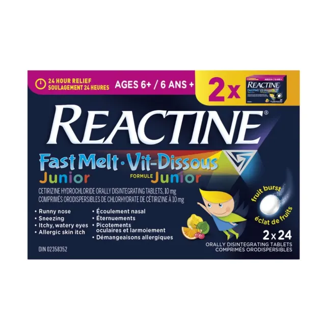 قرص ضدآلرژی و حساسیت بازشونده در دهان ریاکتین جونیور (پک دوتایی) REACTINE Fast Melt Junior 24-Hour Relief (2 x 24 Tablets)