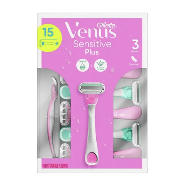 تیغ اصلاح زنانه ژیلت ونوس Sensitive Plus | مخصوص پوست حساس، بسته ۱۵ عددی | Gillette Venus Sensitive Plus Disposable Razors – 15 Count